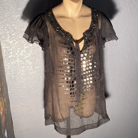 CECICO - sheer top: grey short ruffle sleeves, gold sequins & neck tie - L - Picture 4 of 16